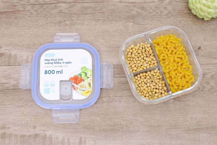 Hộp đựng thực phẩm thủy tinh 3 ngăn 800 ml Nikko Màu Trắng