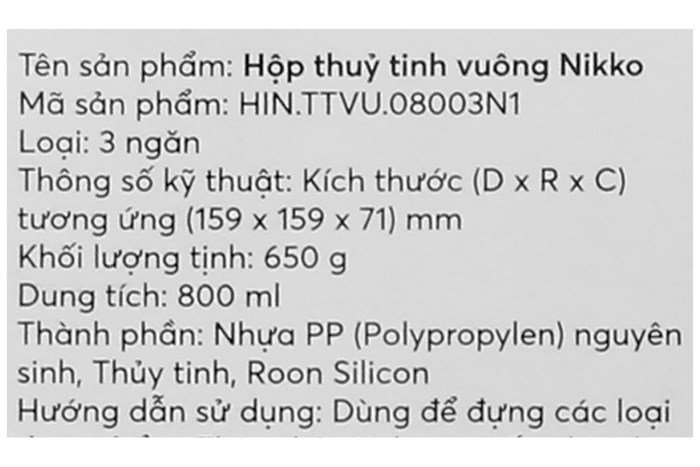 Hộp đựng thực phẩm thủy tinh 3 ngăn 800 ml Nikko Màu Trắng