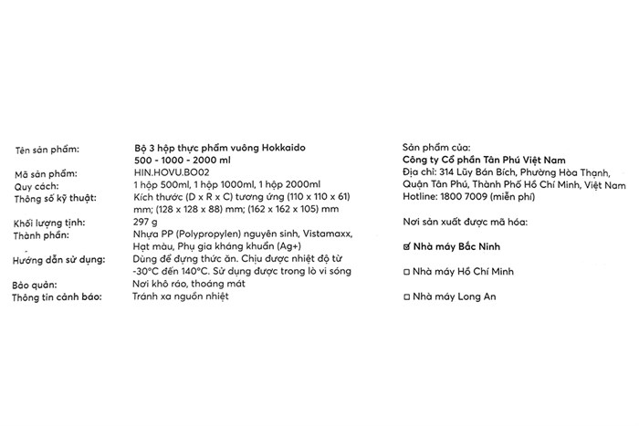Bộ 3 hộp nhựa đựng thực phẩm 2000 ml Inochi Hokkaido Màu Trắng