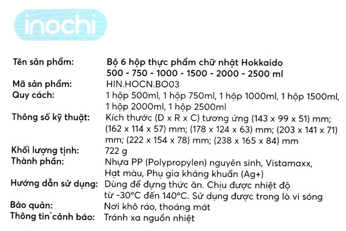 Bộ 6 hộp nhựa đựng thực phẩm 2500 ml Inochi Hokkaido Màu Trắng