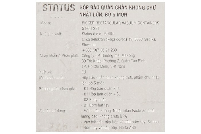 Bộ 5 món hộp nhựa đựng thực phẩm chân không 4500 ml Status Màu Đỏ