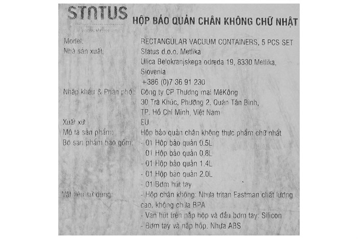 Bộ 5 món hộp nhựa đựng thực phẩm chân không 2000 ml Status Màu Đỏ
