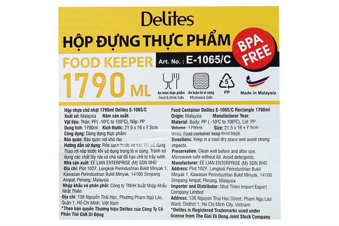 Hộp đựng thực phẩm nhựa 1790 ml Delites E-1065/C Màu Tím
