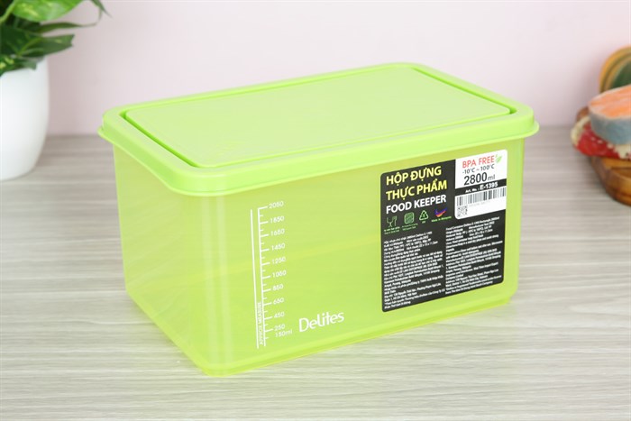 Hộp đựng thực phẩm nhựa 2800 ml Delites E-1395 Màu Xanh lá