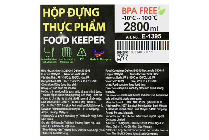 Hộp đựng thực phẩm nhựa 2800 ml Delites E-1395 Màu Xanh lá