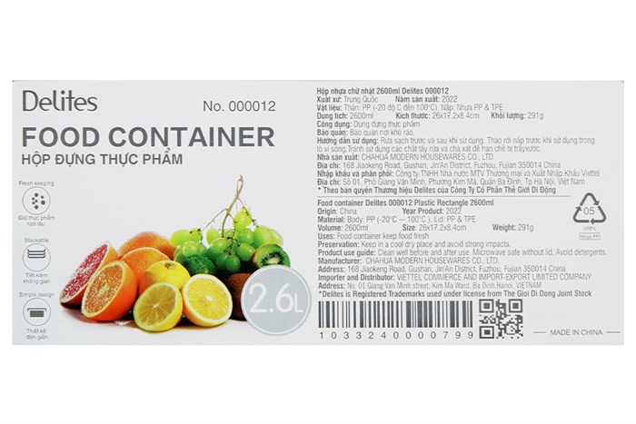 Hộp đựng thực phẩm nhựa 2600 ml Delites 000012 Màu Xanh Dương