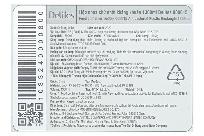 Hộp đựng thực phẩm nhựa 1300 ml Delites 000015 Màu Trắng