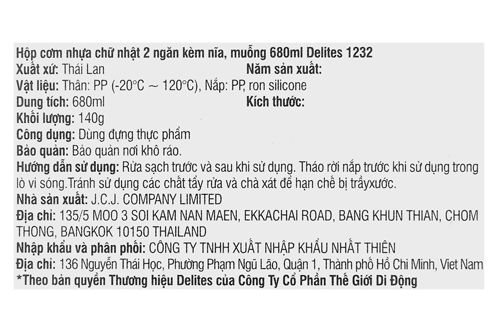 Hộp đựng cơm nhựa 2 ngăn 680 ml Delites 1232 Màu Xanh Dương