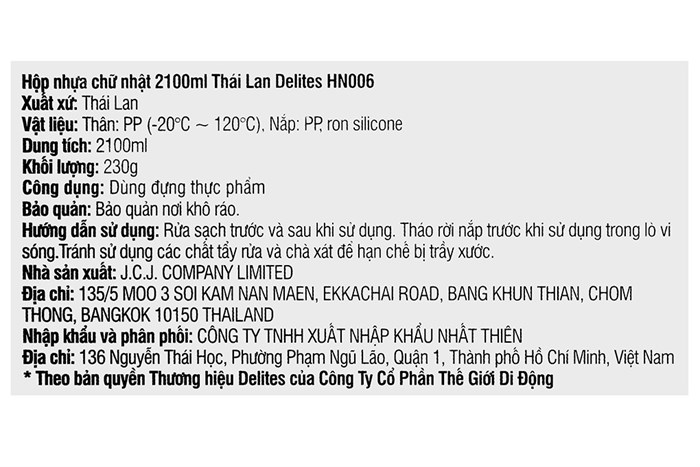 Hộp đựng thực phẩm nhựa Thái Lan 2100 ml Delites HN006 Màu Trắng