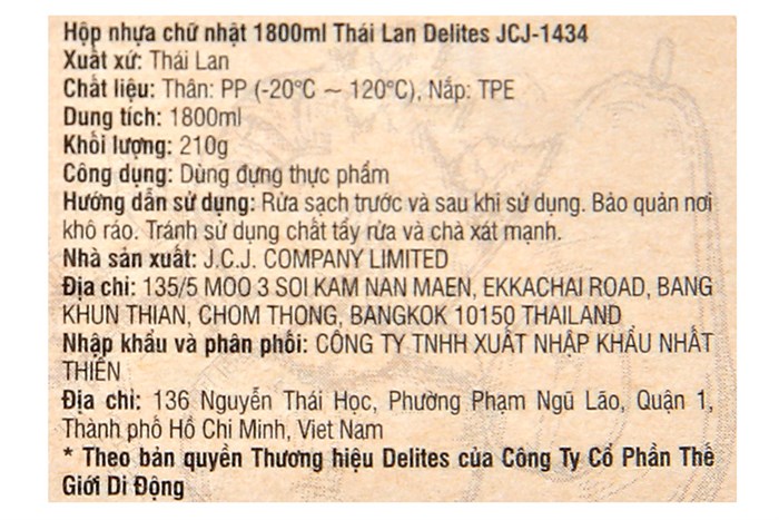 Hộp đựng thực phẩm nhựa Thái Lan 1800 ml Delites JCJ-1434 Màu Trắng
