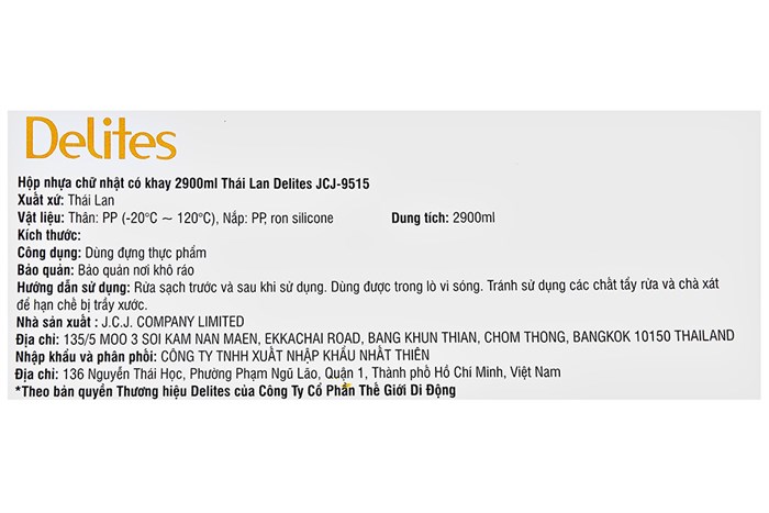 Hộp đựng thực phẩm nhựa Thái Lan 2900 ml Delites JCJ-9515 Màu Trắng