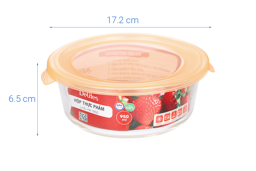 Hộp đựng thực phẩm thủy tinh 950 ml Delites LHB-HR-950 Màu Cam