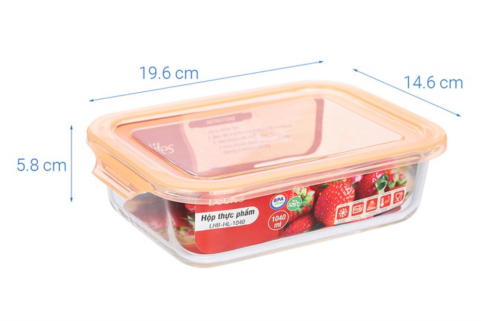 Hộp đựng thực phẩm thủy tinh 1040 ml Delites LHB-HL-1040 Màu Cam