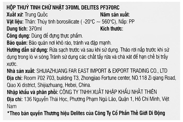 Hộp đựng thực phẩm thủy tinh 370 ml Delites PF370RC Màu Trắng