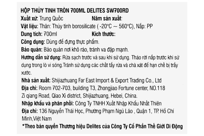 Hộp đựng thực phẩm thủy tinh 700 ml Delites SW700RD Màu Hồng
