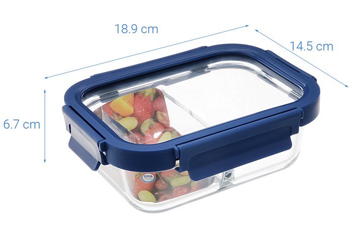 Hộp đựng thực phẩm thủy tinh 2 ngăn 640 ml Delites IDG640RD Màu Xanh Dương