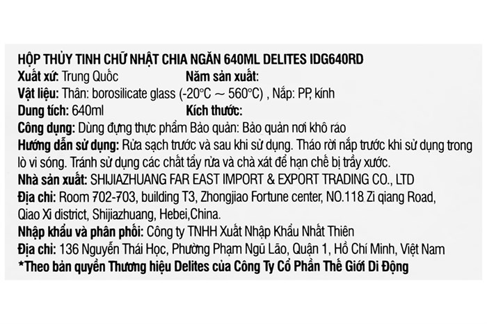 Hộp đựng thực phẩm thủy tinh 2 ngăn 640 ml Delites IDG640RD Màu Xanh Dương