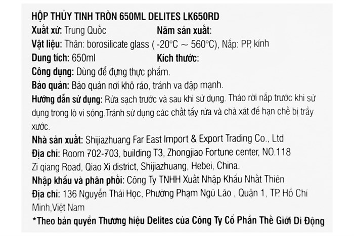 Hộp đựng thực phẩm thủy tinh 650 ml Delites LK650RD Màu Xanh Dương