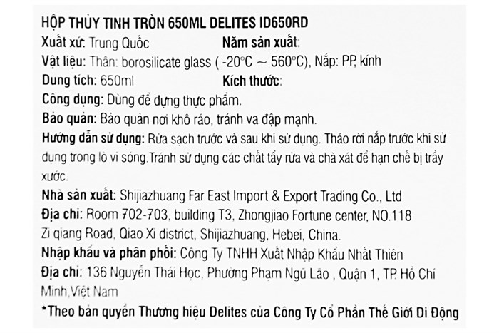 Hộp đựng thực phẩm thủy tinh 650 ml Delites ID650RD Màu Xanh Dương