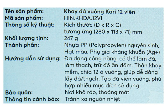 Hộp khay nhựa trữ đông Kari Inochi HIN.KHDA.12VI Màu Trắng ngà/Hồng nhạt/Xanh nhạt