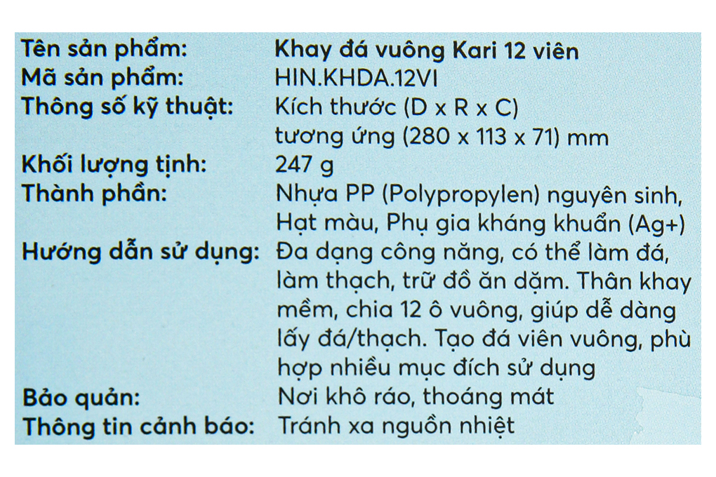 Hộp khay nhựa trữ đông Kari Inochi HIN.KHDA.12VI Màu Trắng ngà/Hồng nhạt/Xanh nhạt