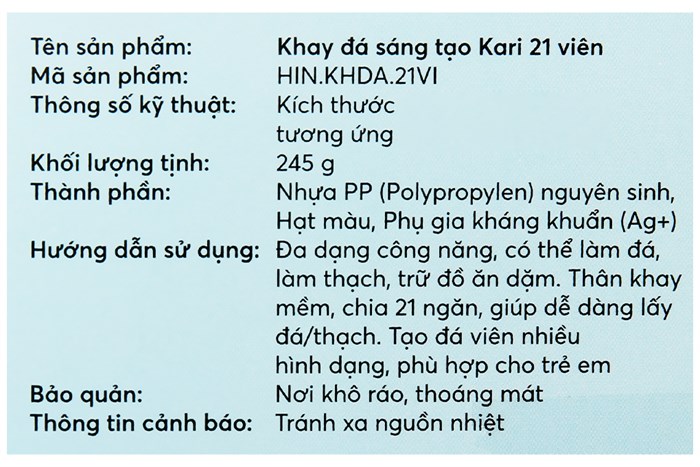 Hộp khay nhựa trữ đông Inochi Kari HIN.KHDA.21VI Màu Trắng ngà/Hồng nhạt/Xanh nhạt