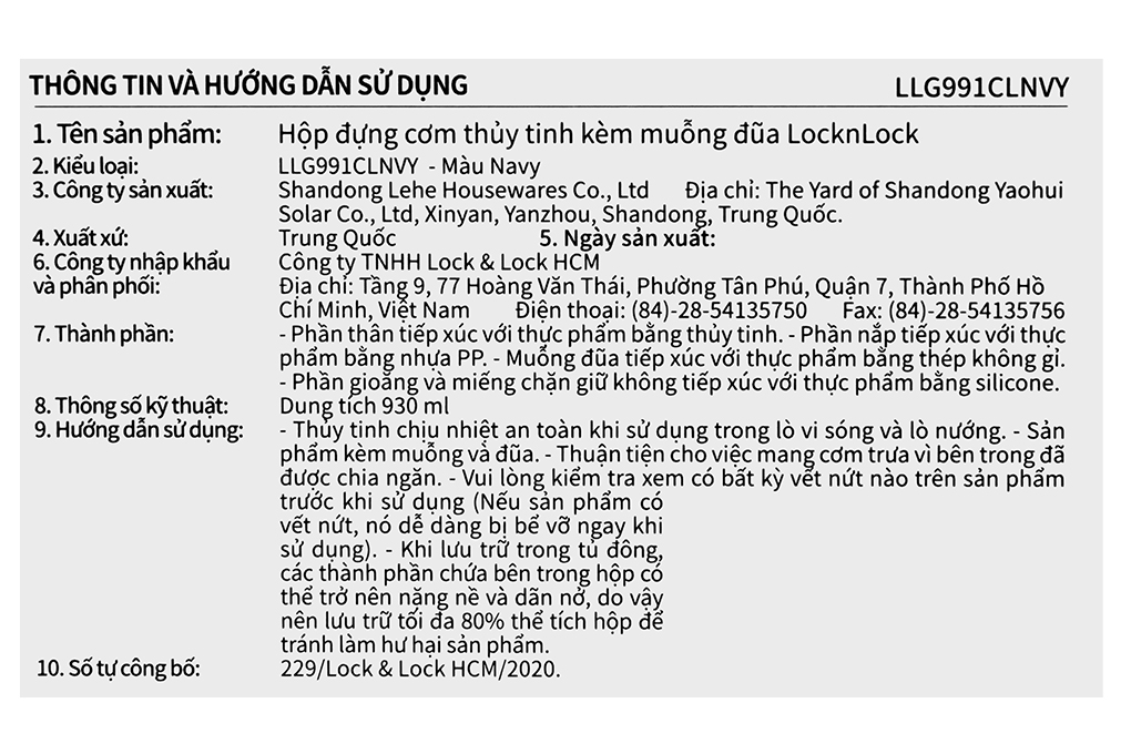 Hộp đựng cơm thủy tinh Lock&Lock LLG991CLNVY Màu Xanh Navy