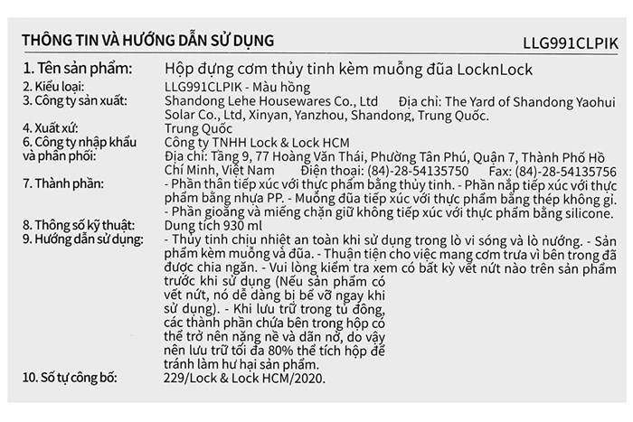 Hộp đựng cơm thủy tinh 930 ml Lock&Lock LLG991CLPIK Màu Hồng