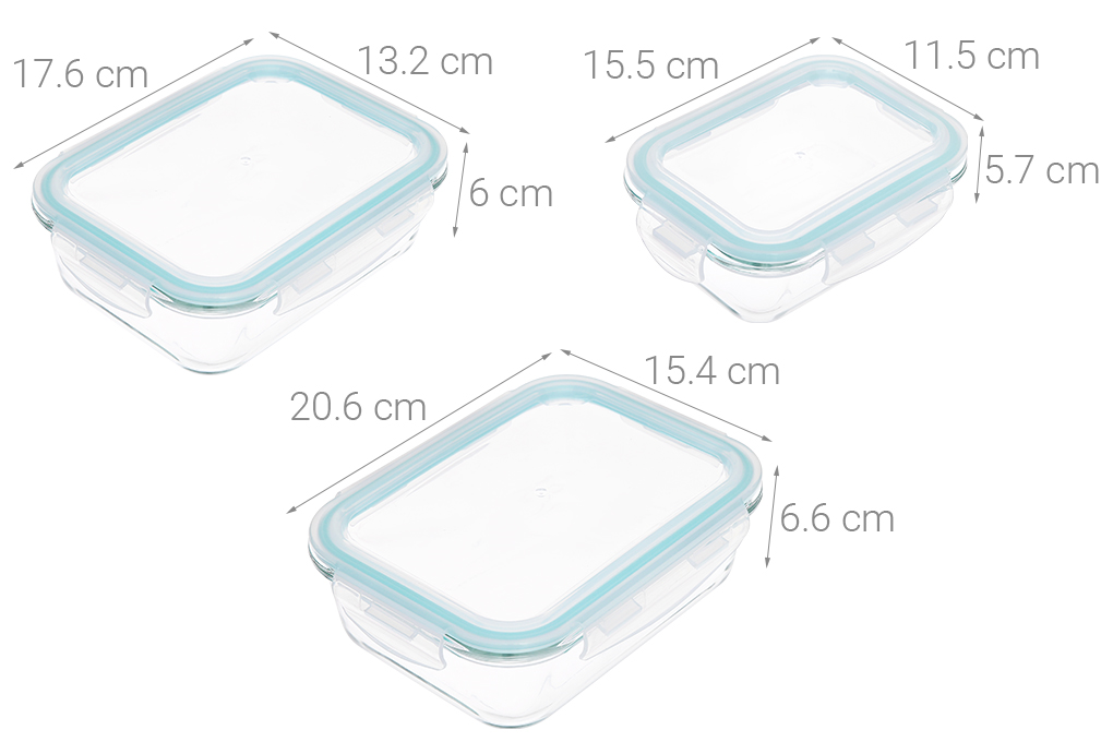 Bộ 3 hộp đựng thực phẩm thủy tinh 370 - 640 - 1050 ml Delites HS301RC Màu Xanh ngọc