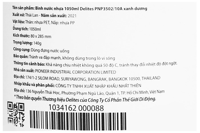 Bình đựng nước nhựa 1050 ml Delites PNP3502/10A Màu Xanh Dương