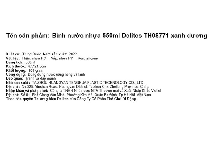 Bình đựng nước nhựa 550 ml Delites TH08771 Màu Xanh Dương
