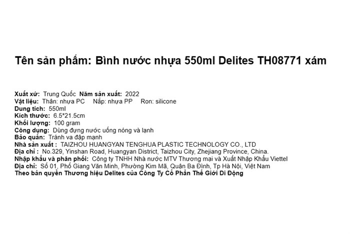Bình đựng nước nhựa 550 ml Delites TH08771 Màu Xám