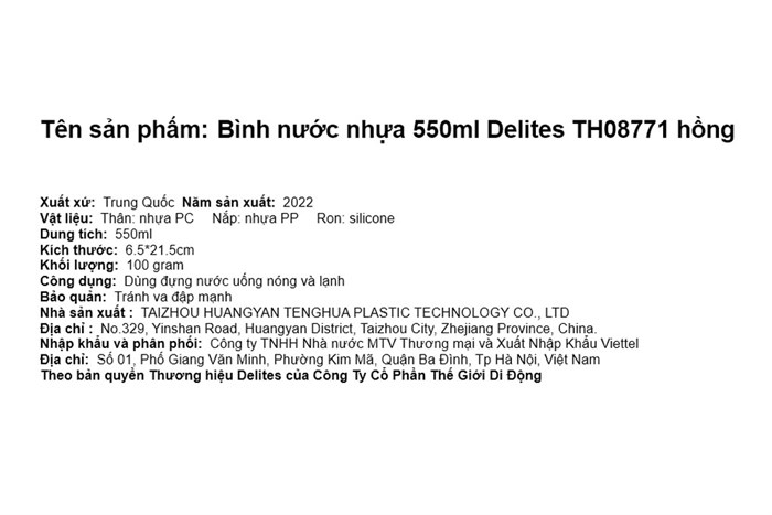 Bình đựng nước nhựa 550 ml Delites TH08771 Màu Hồng