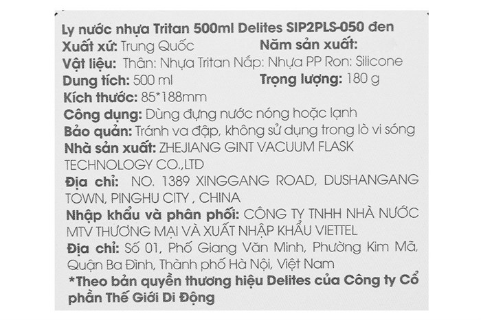 Ly đựng nước nhựa Tritan 500 ml Delites SIP2PLS-050 Màu Đen