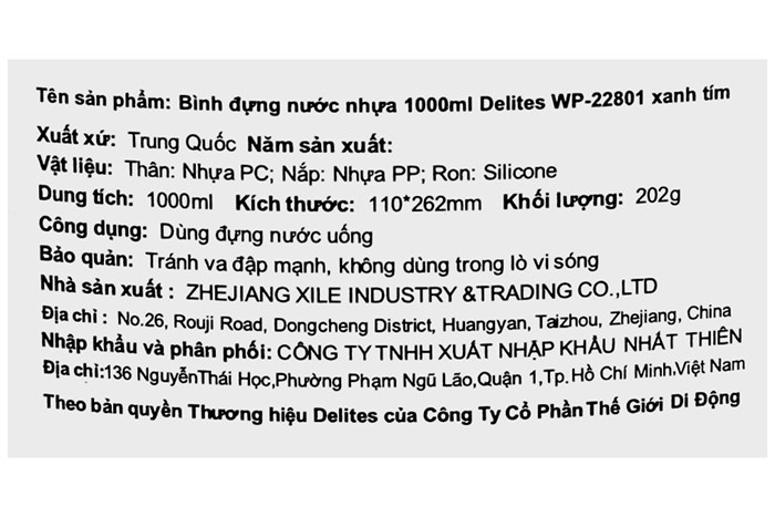 Bình đựng nước nhựa 1lít Delites WP-22801 Màu Xanh tím