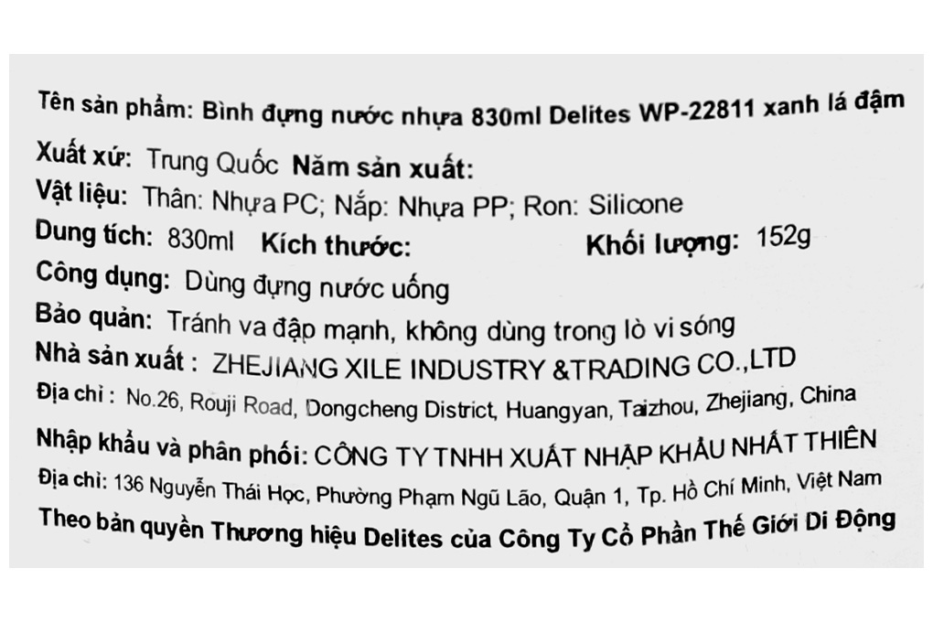Bình đựng nước nhựa 830 ml Delites WP-22811 Màu Xanh lá đậm