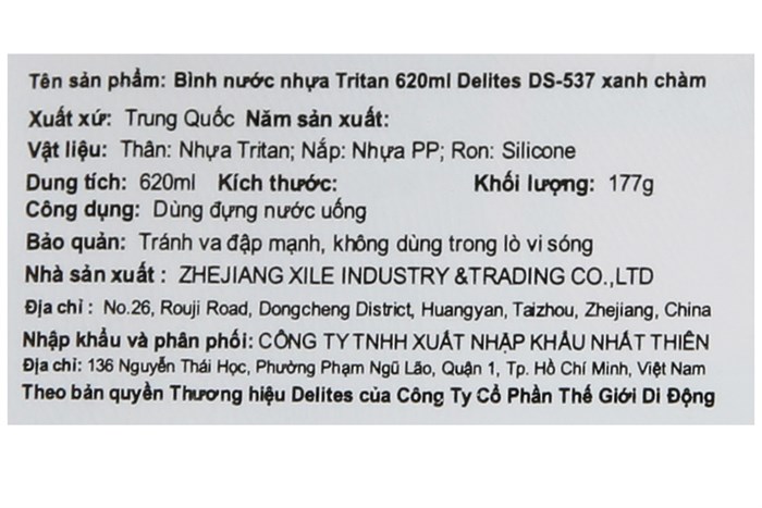 Bình đựng nước nhựa Tritan 620 ml Delites DS-537 Màu Xanh