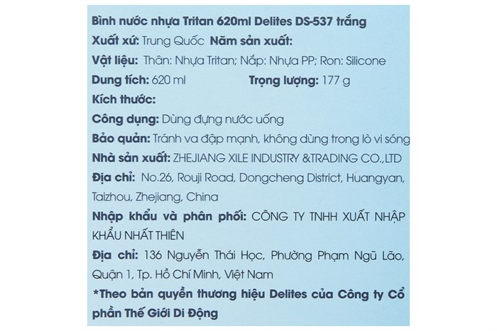 Bình đựng nước nhựa Tritan 620 ml Delites DS-537 Màu Trắng