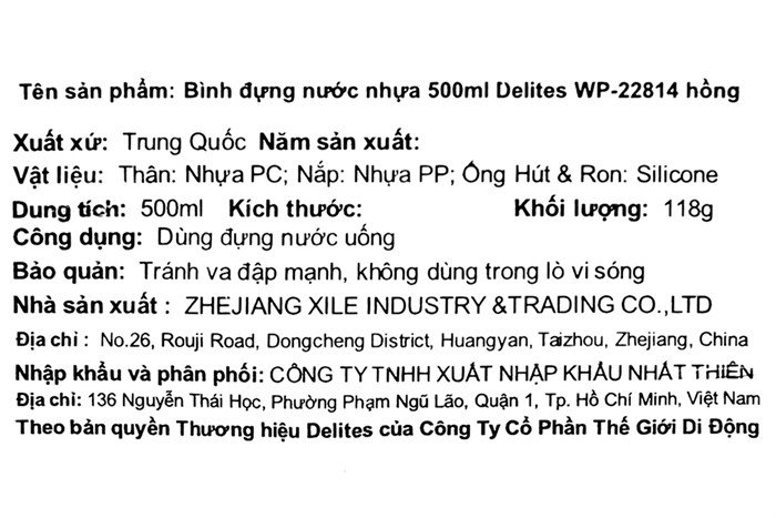 Bình đựng nước nhựa 500 ml Delites WP-22814 Màu Hồng