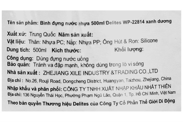 Bình đựng nước nhựa 500 ml Delites WP-22814 Màu Xanh Dương