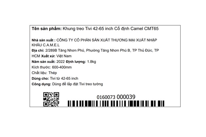 Khung treo Tivi 42-65 inch Cố định Camel CMT65 Màu Đen