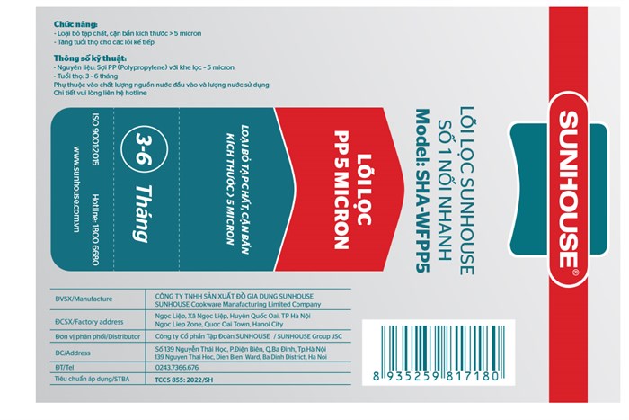Lõi lọc thô Sunhouse số 1 PP 5 micron Màu Trắng