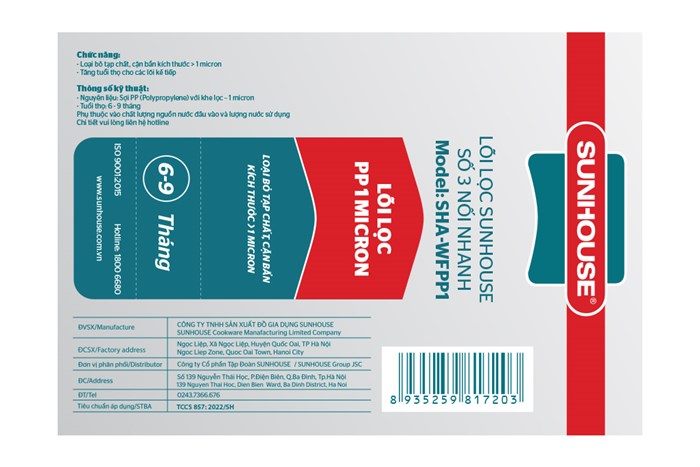 Lõi lọc thô Sunhouse số 3 PP 1 micron Màu Trắng