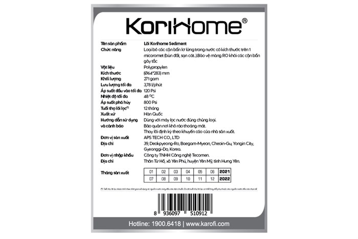 Lõi lọc thô Korihome số 1 Sediment Filter Màu Trắng