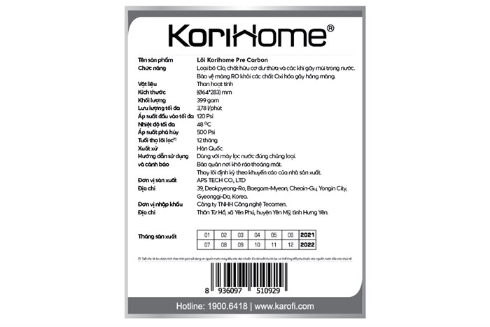 Lõi lọc thô Korihome số 2 Pre Carbon Màu Trắng