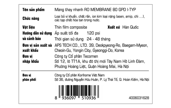 Lõi lọc RO Korihome số 4 RO Membrane Màu Trắng