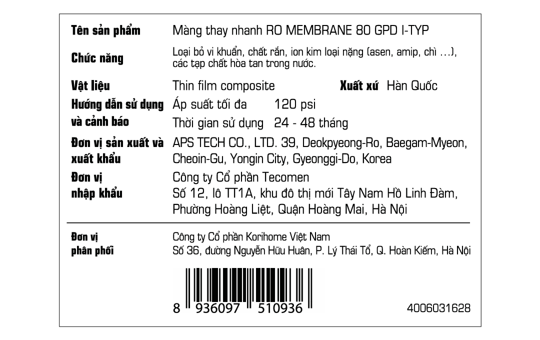 Lõi lọc RO Korihome số 4 RO Membrane Màu Trắng