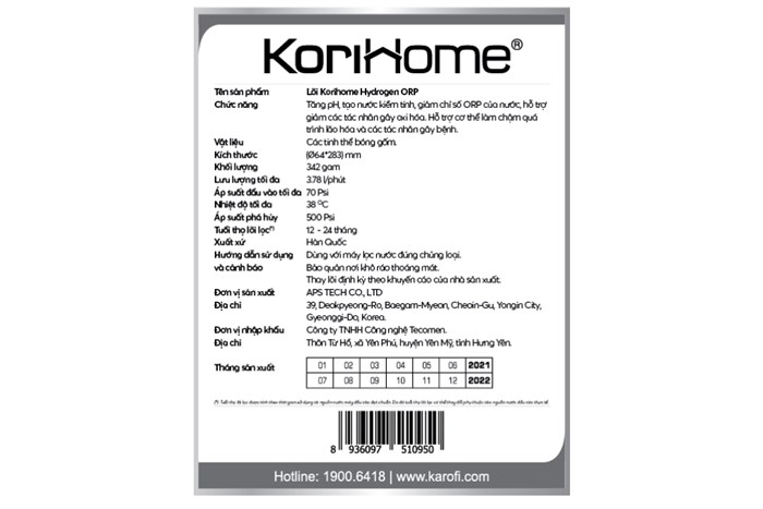 Lõi lọc chức năng Korihome số 5 Hydrogen Alkaline Màu Trắng