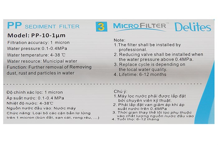 Lõi lọc thô Delites số 3 PP-10-1um Màu Trắng