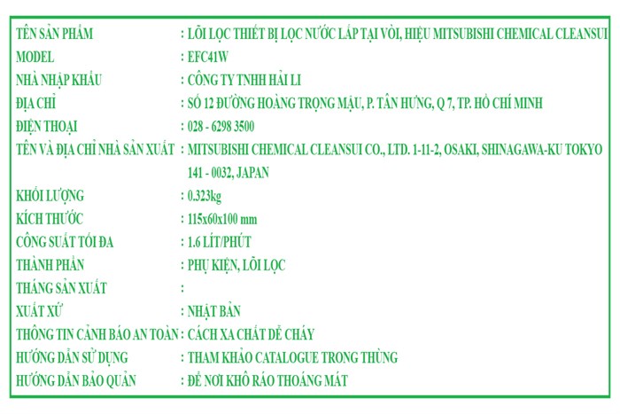 Bộ lõi lọc nước lắp tại vòi Mitsubishi Cleansui EFC41W Màu Trắng